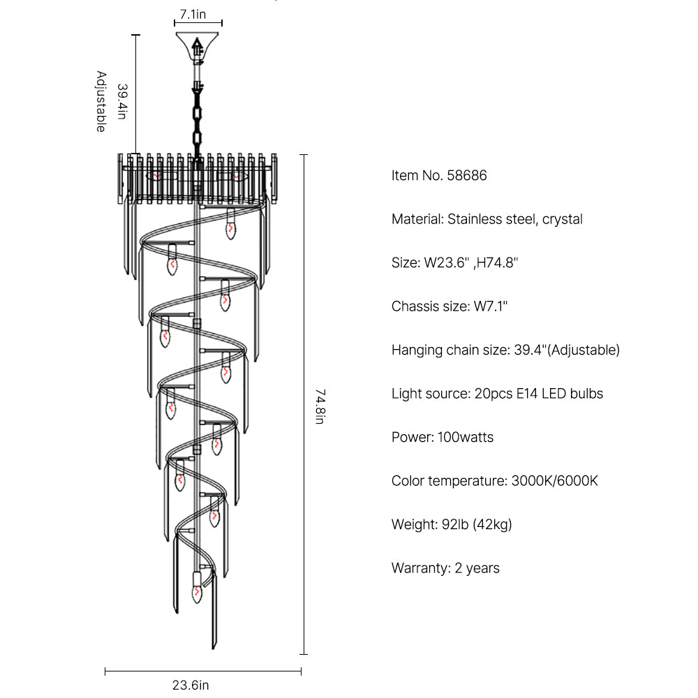 Golden crystal staircase duplex chandelier-size