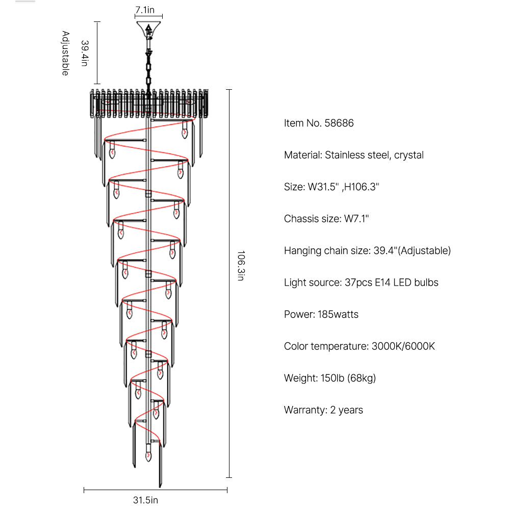 Golden crystal staircase duplex chandelier-size