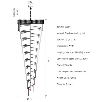 Golden crystal staircase duplex chandelier-size