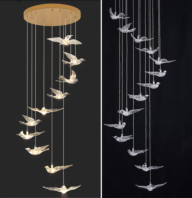 Bird shaped crystal spiral staircase pendant light Aurelia