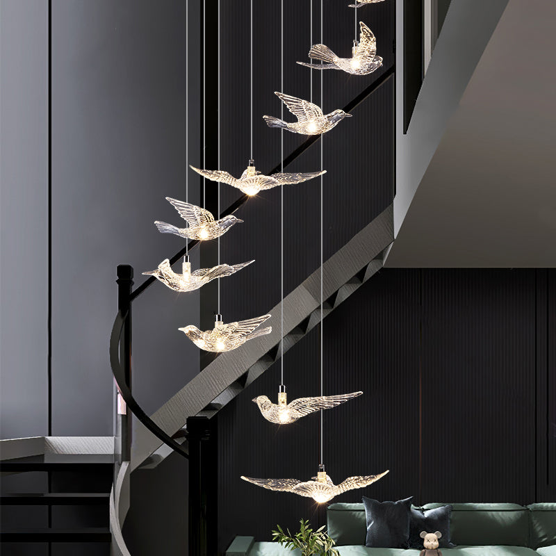 Bird shaped crystal spiral staircase pendant light Aurelia