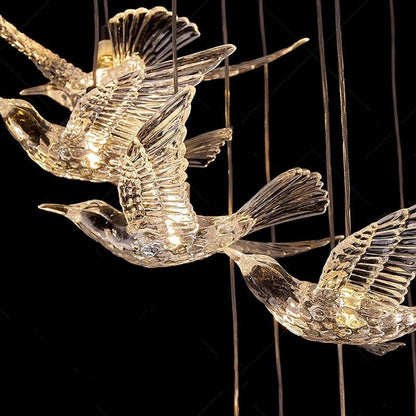 Bird shaped crystal spiral staircase pendant light Aurelia