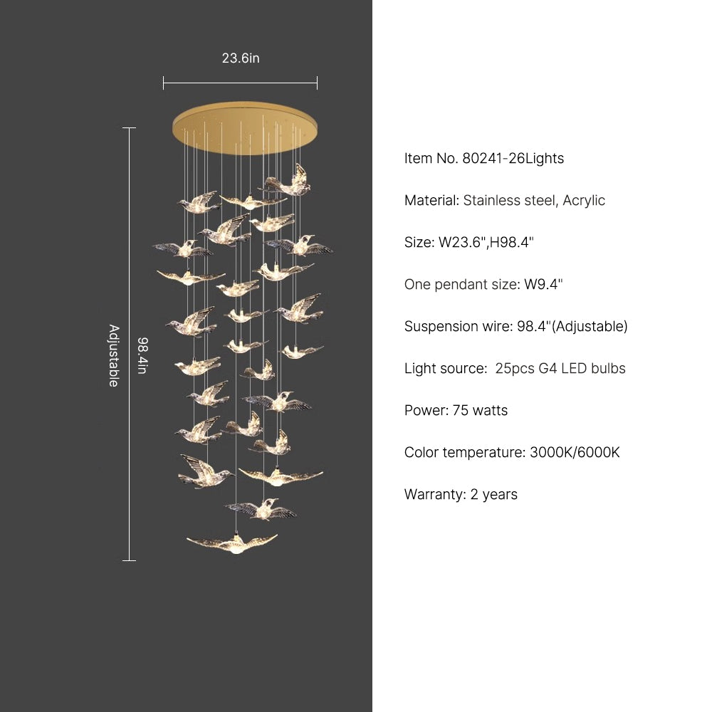 23.6" led acrylic bird stair chandelier Aurelia