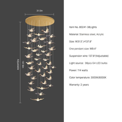 31.5" round gold bird design hanging chandelier for staircase Aurelia