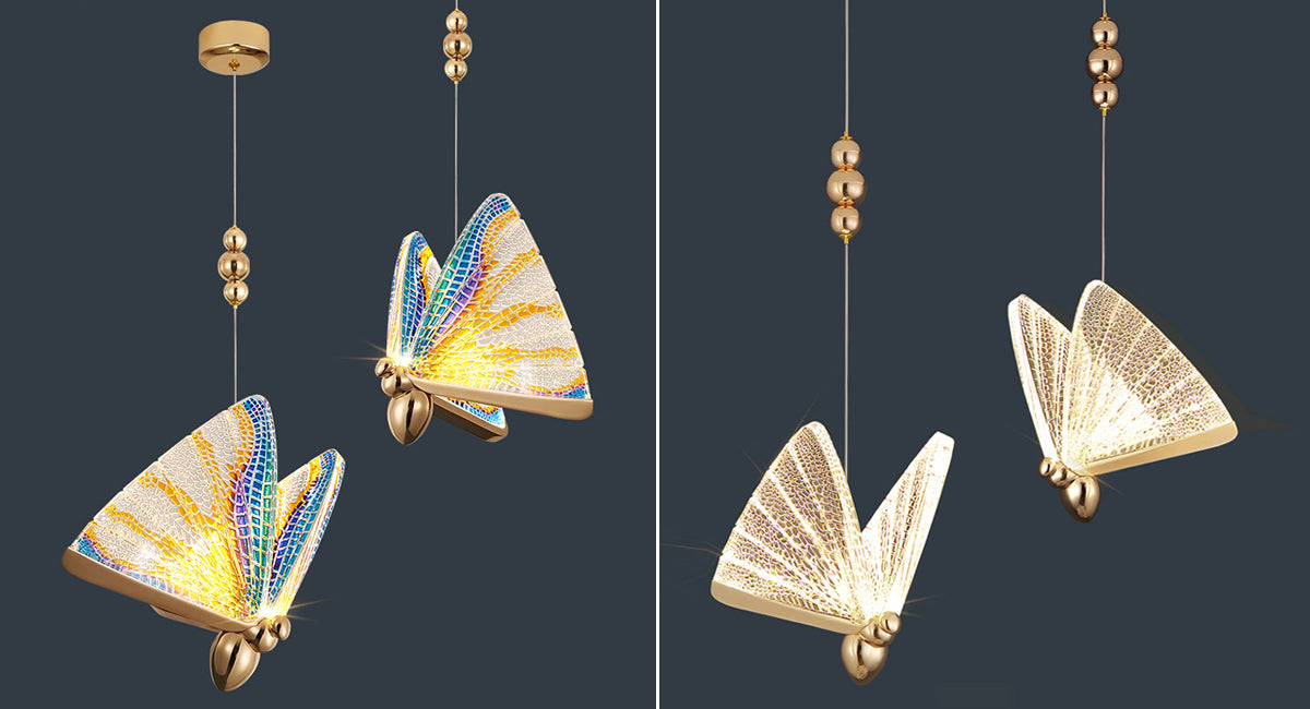 Multiple colorful butterfly-shaped Golden Crystal chandeliers Butterfly