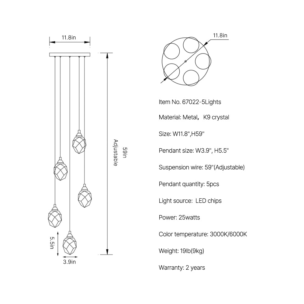 Multi lamp head staircase chandelier Diamond Staircase  heads size