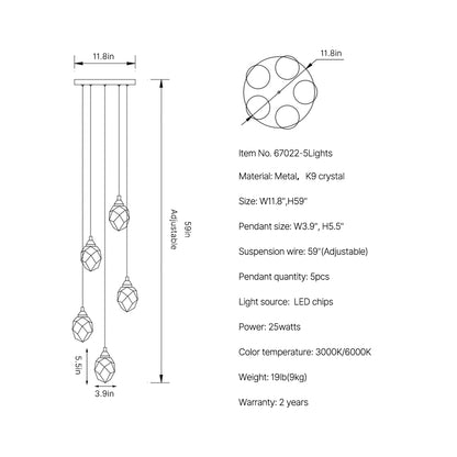 Multi lamp head staircase chandelier Diamond Staircase  heads size