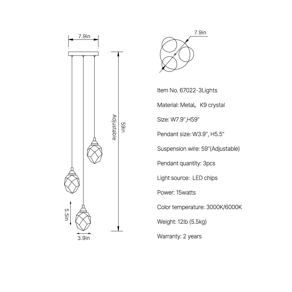 Multi lamp head staircase chandelier Diamond Staircase Three heads size