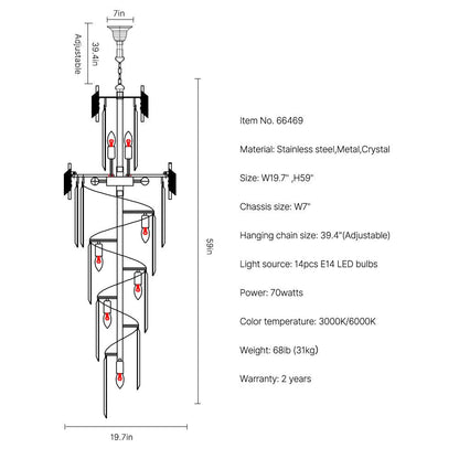 19.7" crystal black spiral staircase chandelier Ethereal Staircase size