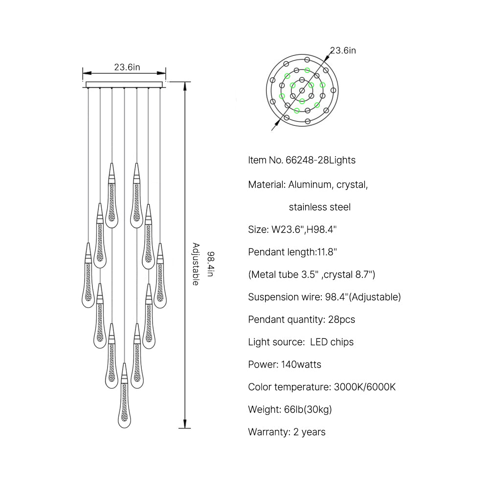 staircase crystal chandelier Meteors Staircase 28 lights size