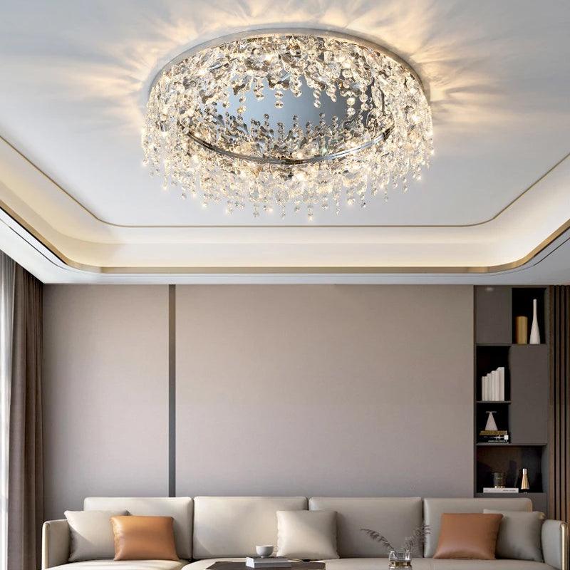 Modern Round Cascading Crystal Bedroom Ceiling Light Rain Ceiling yoogee