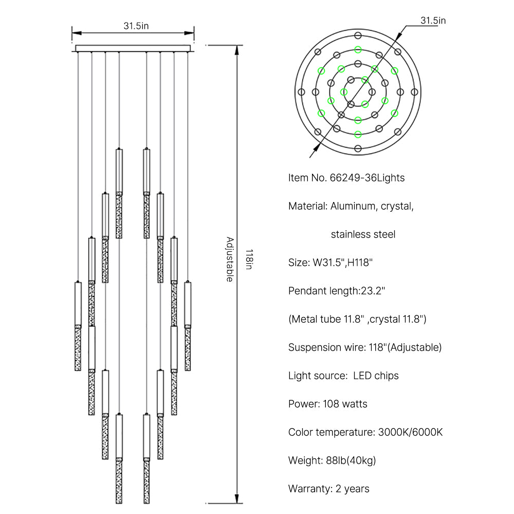 long hanging crystal chandelier Rhapsody 36 lights size