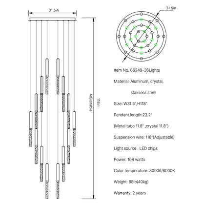 long hanging crystal chandelier Rhapsody 36 lights size