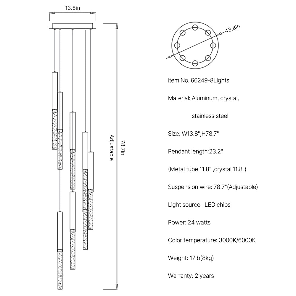 long hanging crystal chandelier Rhapsody 8 lights size