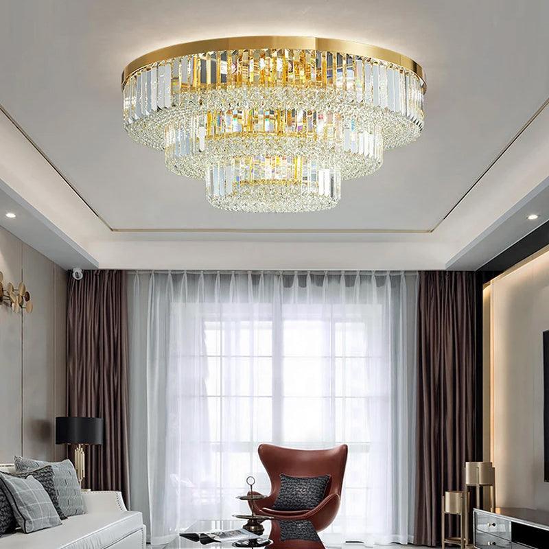 Golden three-layer round crystal living room ceiling lamp Starry Real