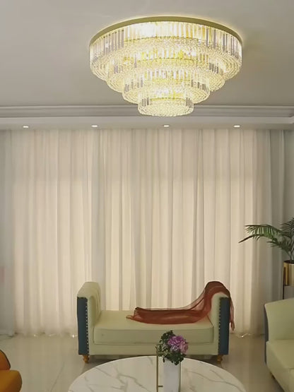 Golden three-layer round crystal living room ceiling lamp Starry Real video